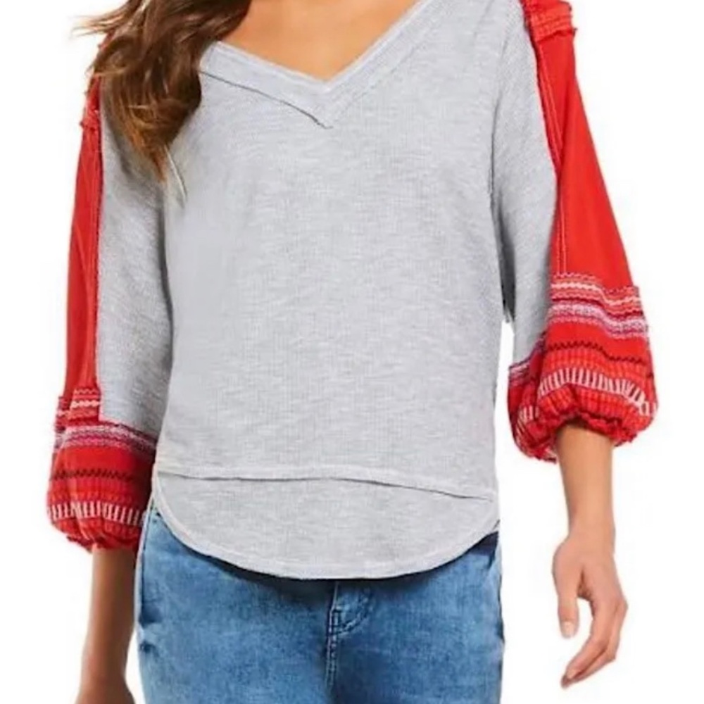 NWT FREE PEOPLE We The Free Bubble Sleeve Embroidered Thermal Knit Top XS